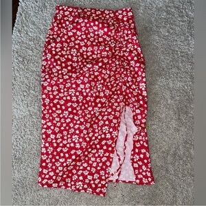Red Floral Midi Skirt with Side Slit NWT
